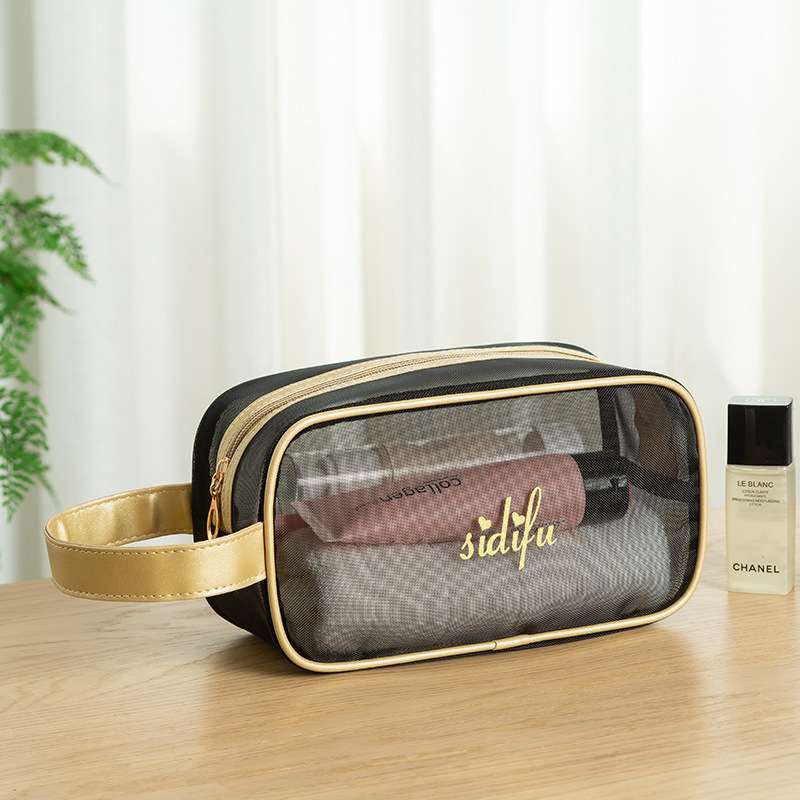 Fashion Portable Reusable Shower Storage Mesh Lady Travel Toiletry Cosmetic Makeup Wash Bag with handle tote bag